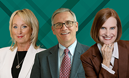 Headshots of Eileen McAuliffe, Frank Buckless, and Stephanie Bryant against a dark teal weave background