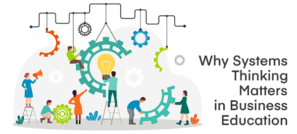 An illustration of a group of small colorful people putting together different-sized gears to create one whole project. Leaves and plants are on the ground nearby