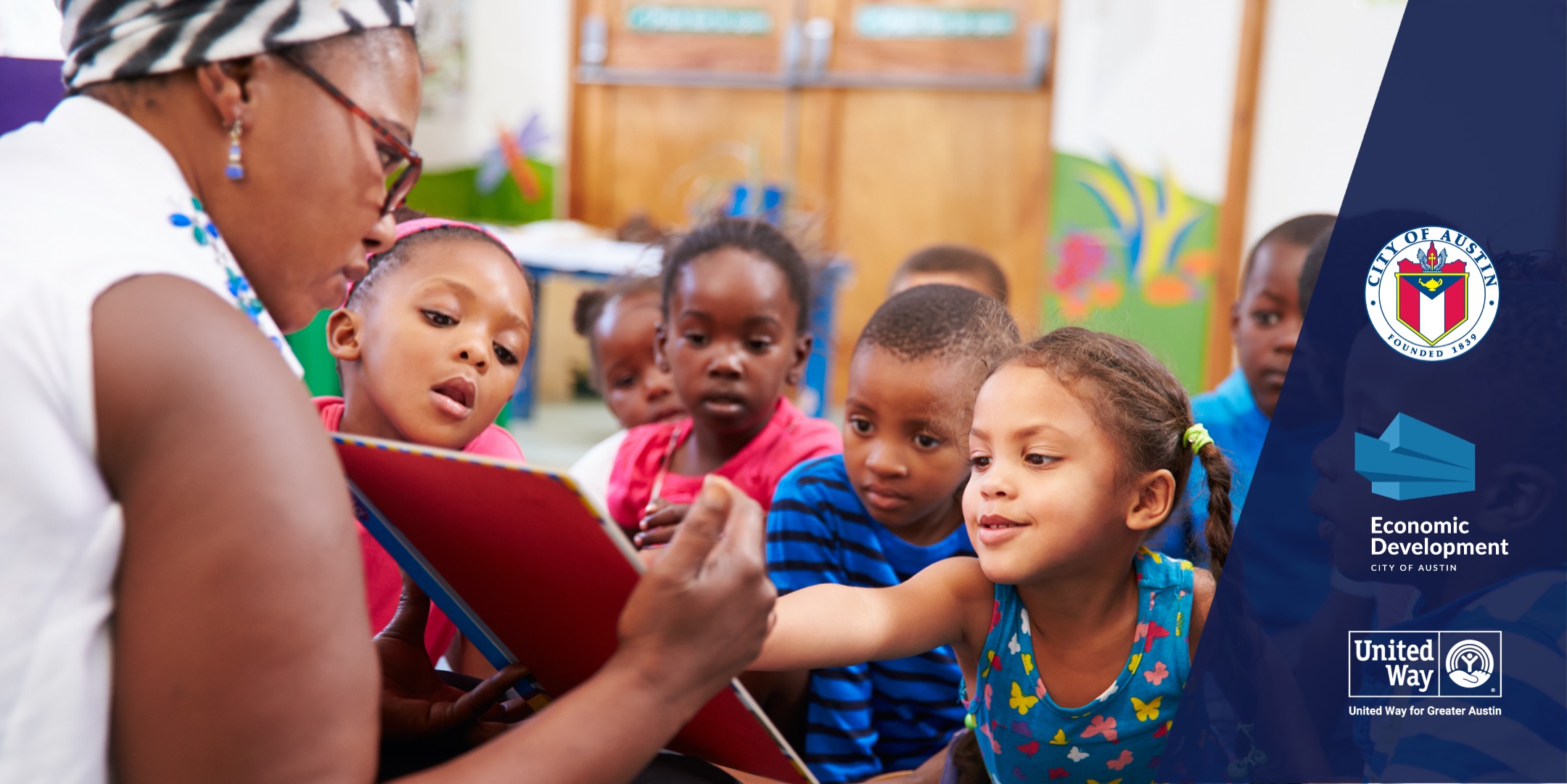 Child care teacher reading to children