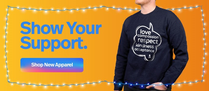 Person modeling an Autism Speaks shirt from the eStore