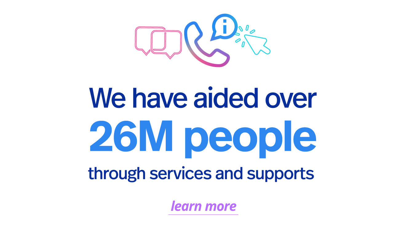 We have aided over 26M people through services and supports. Click here to learn more.