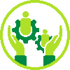 Icon with hands holding gears and people figures, symbolizing community-driven solutions.