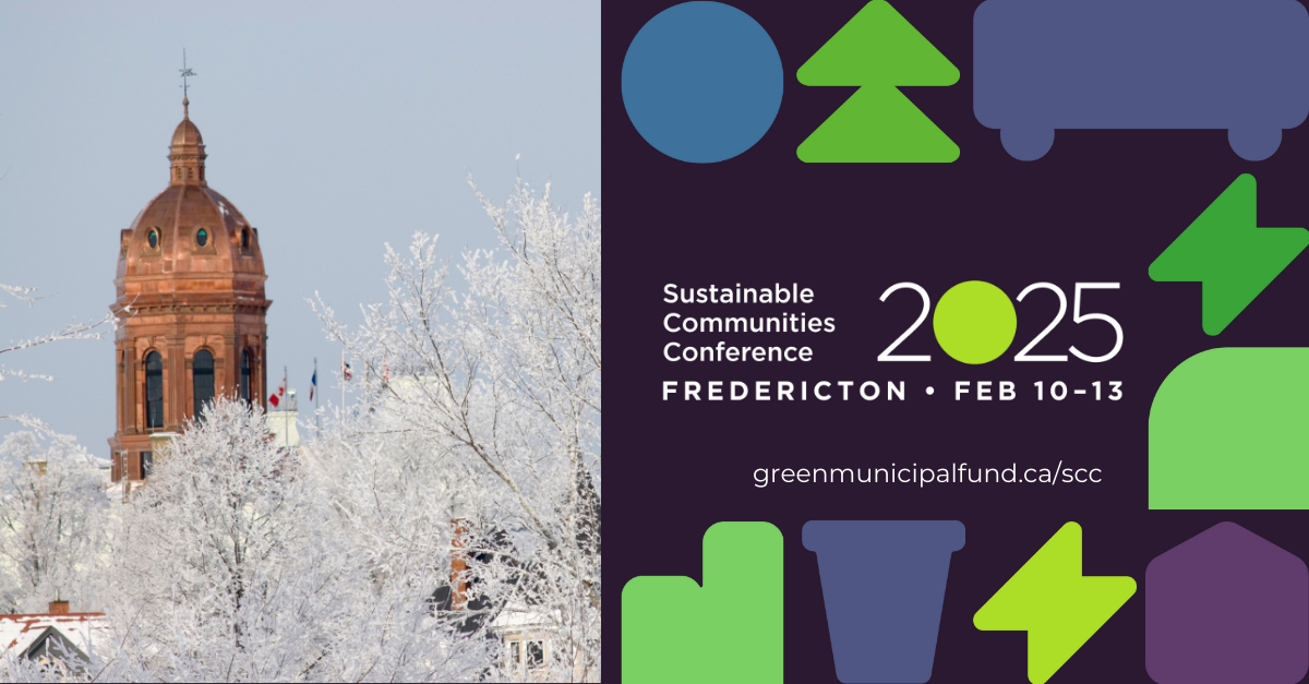 A photo of a building in Fredericton covered in snow next to the Sustainable Communities Conference 2025 logo, taking place in Fredericton,NB, on Feb. 10-13.