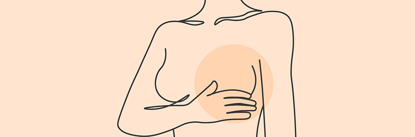 A stylized line drawing of a woman's torso with one breast highlighted by a coloured circle.