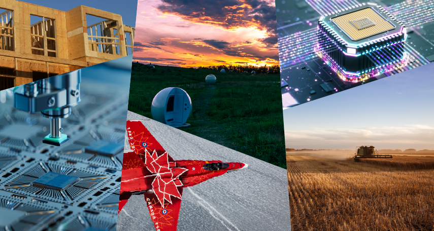Compilation de six images montrant des maisons en construction, un coucher de soleil sur un champ, un champ de blé, un avion, ainsi que des technologies robotiques et informatiques.
