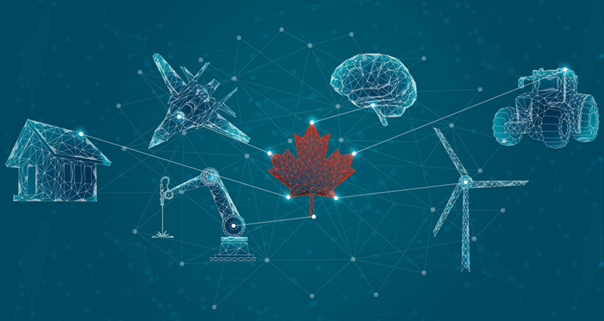 Graphic of symbols of various industrial sectors and a maple leaf.