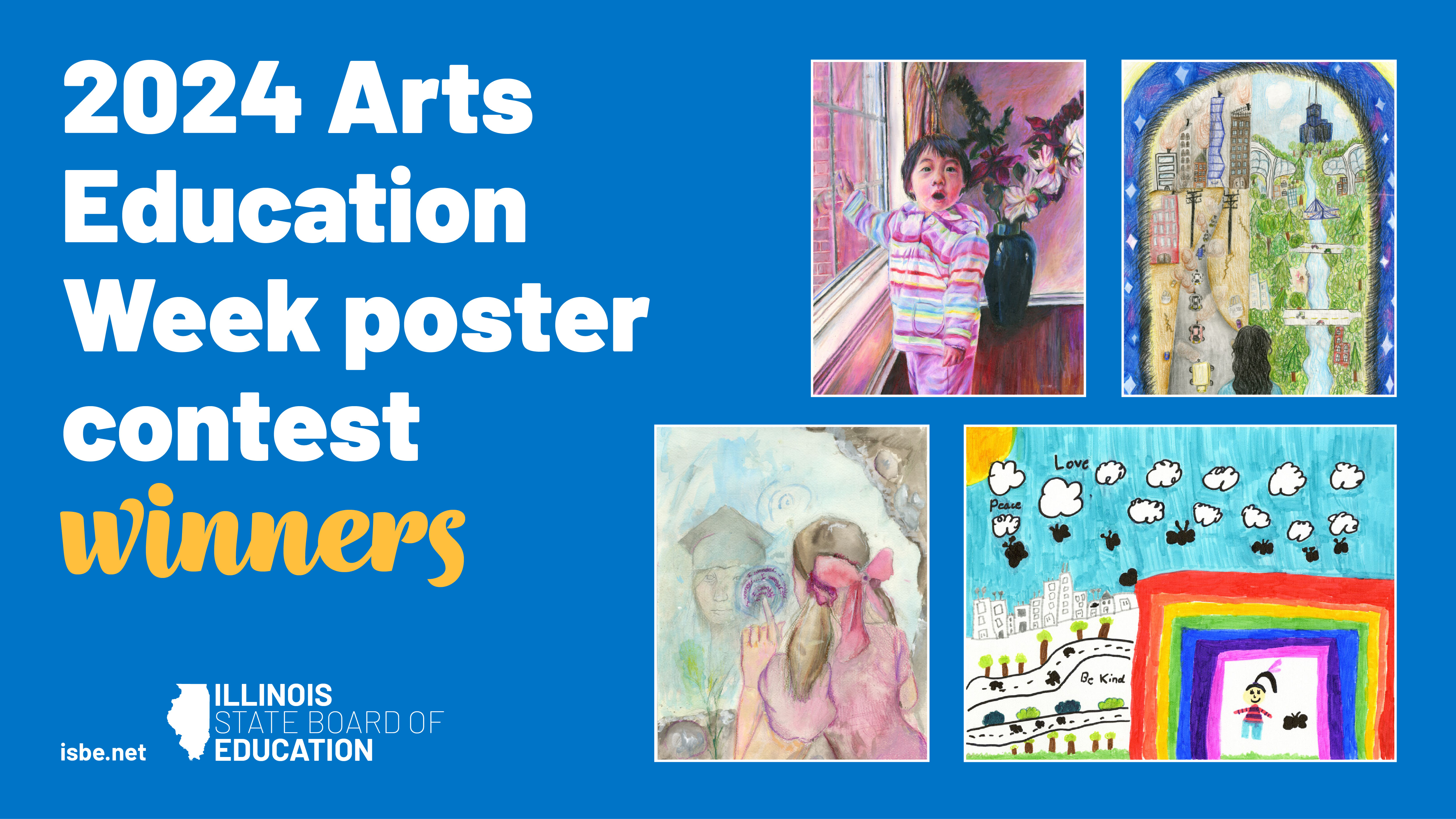 2024 Arts Education Week poster contest winners. Images of four winning posters.