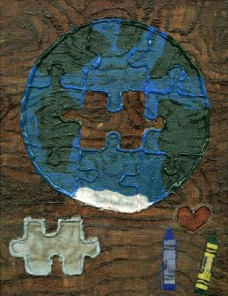 Globe puzzle with piece missing. 