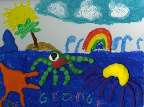 Frog and other animals in the ocean. 