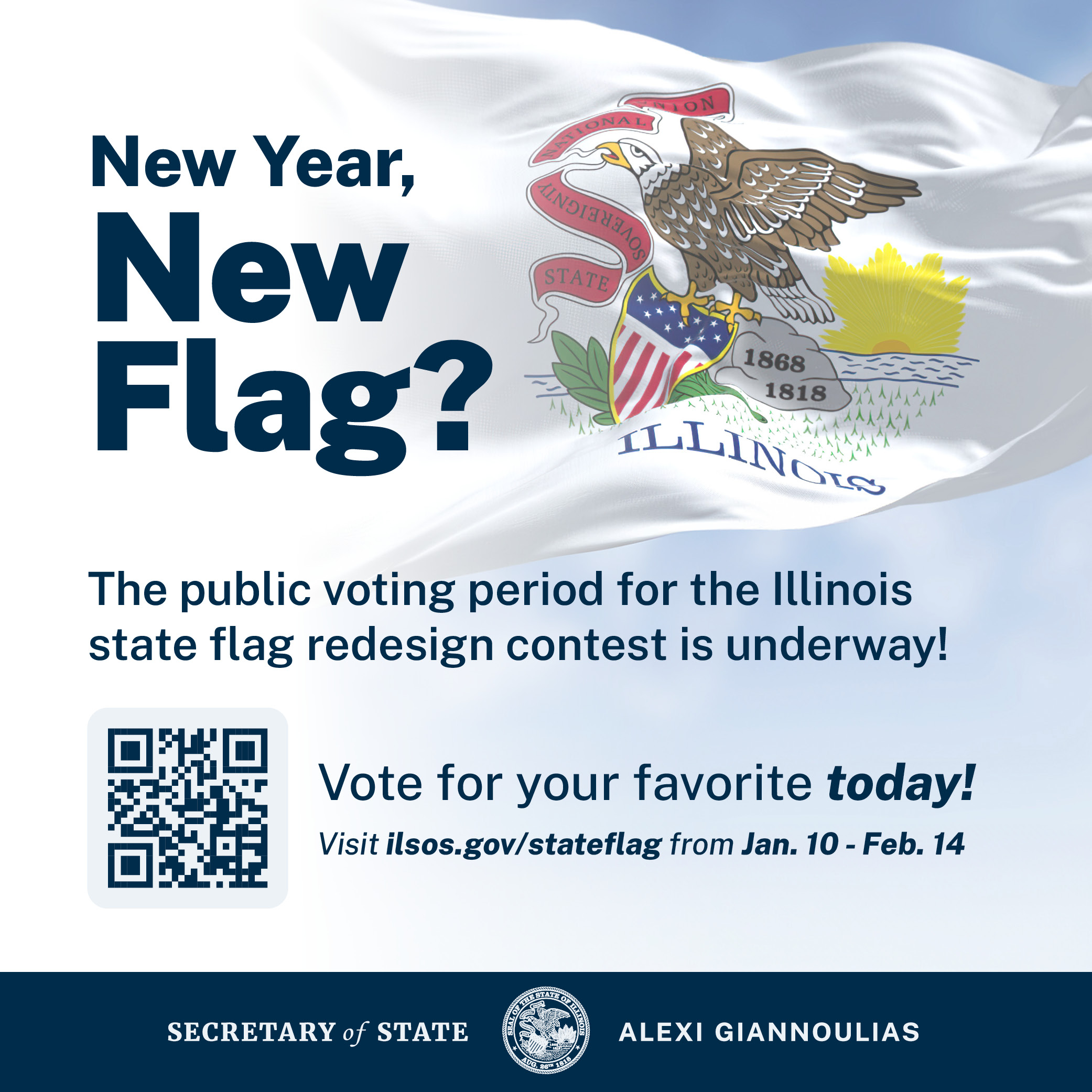 New year, new flag? The public voting period for the Illinois state flag redesign closes Feb. 14. Image of the current Illinois state flag waving in the background.