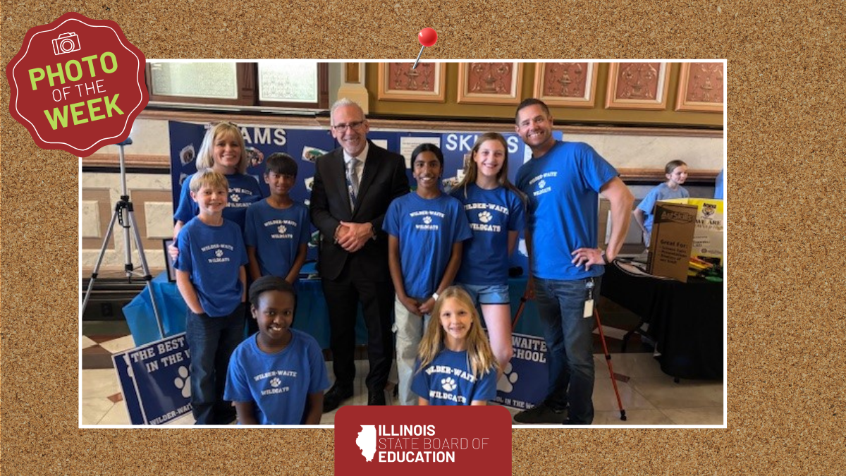 State Superintendent of Education Dr. Tony Sanders visits with staff and students from Wilder-Waite Elementary School in Dunlap Community Unit School District 323 during Illinois Digital Educators Alliance Advocacy Day at the State Capitol. 