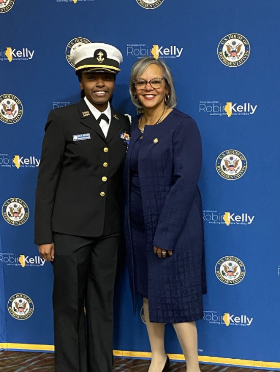 Cadet Ensign Jayla Nelson (left) and Illinois Congresswoman Robin Kelly.