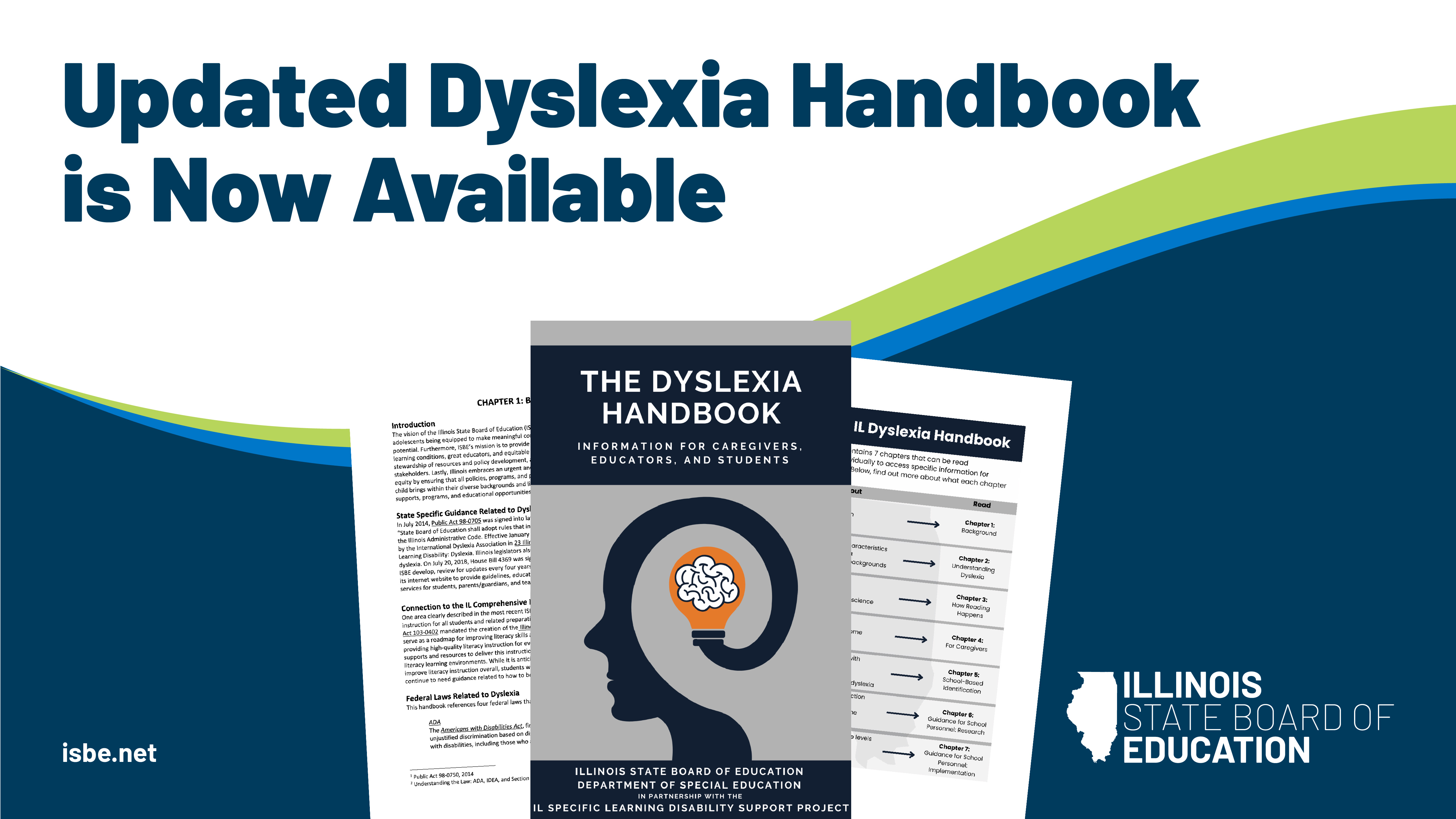 Updated Dyslexia Handbook is Now Available. Images of the handbook cover and two partial pages. ISBE logo.