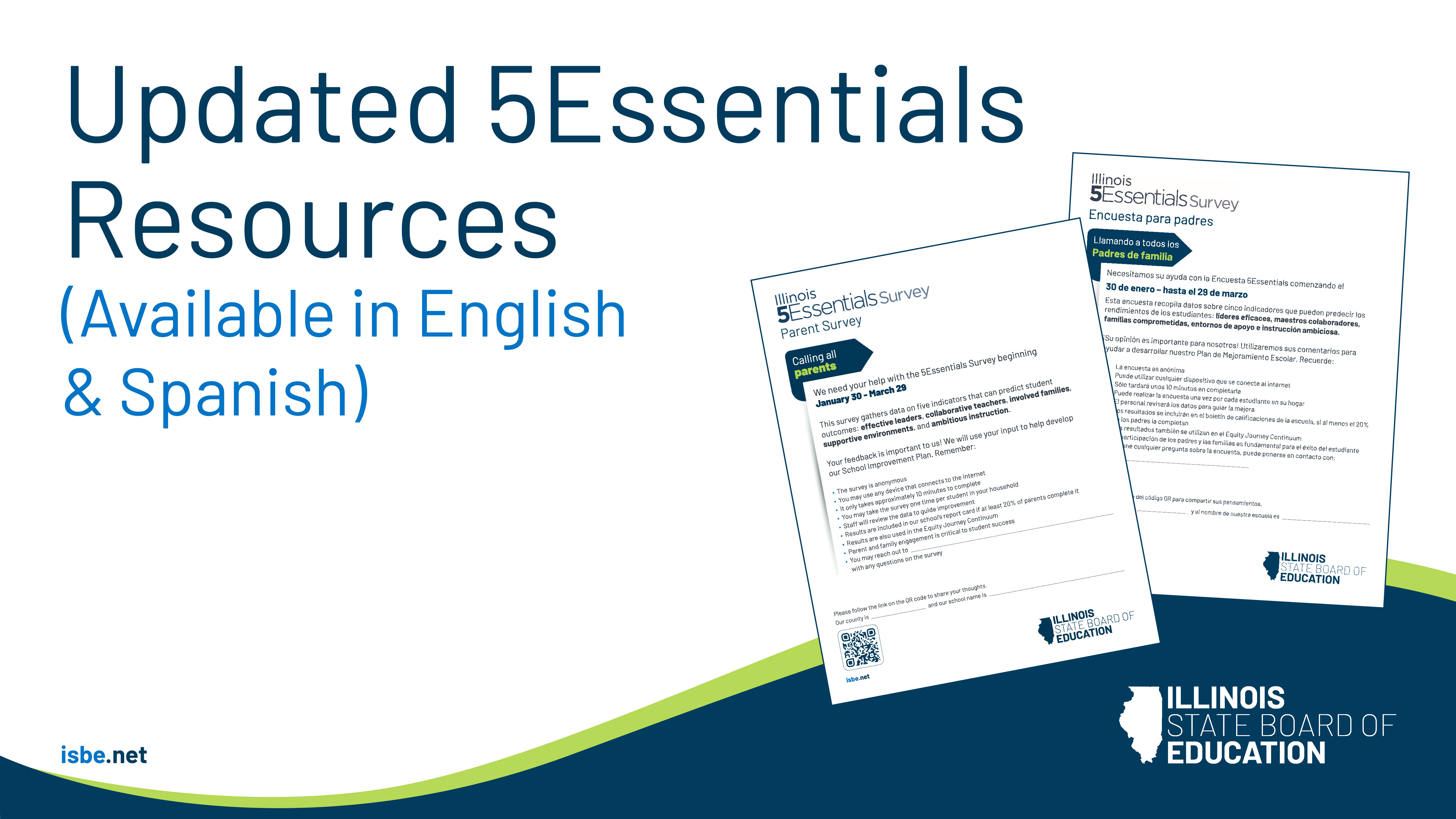 Updated 5Essentials resources to boost parent participation are available in English and Spanish. Image of parent survey.