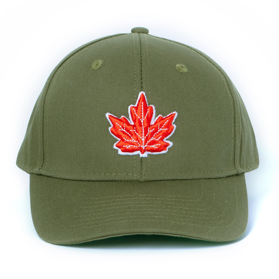 An army green ball cap with a maple leaf on the front