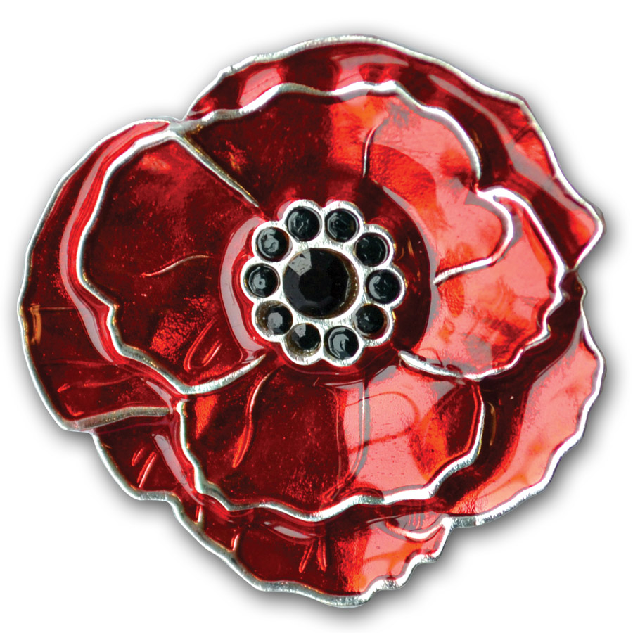 Black stones are set in the center of this Poppy Brooch, cradled by petals of deep red enamel over silver plated fine pewter 