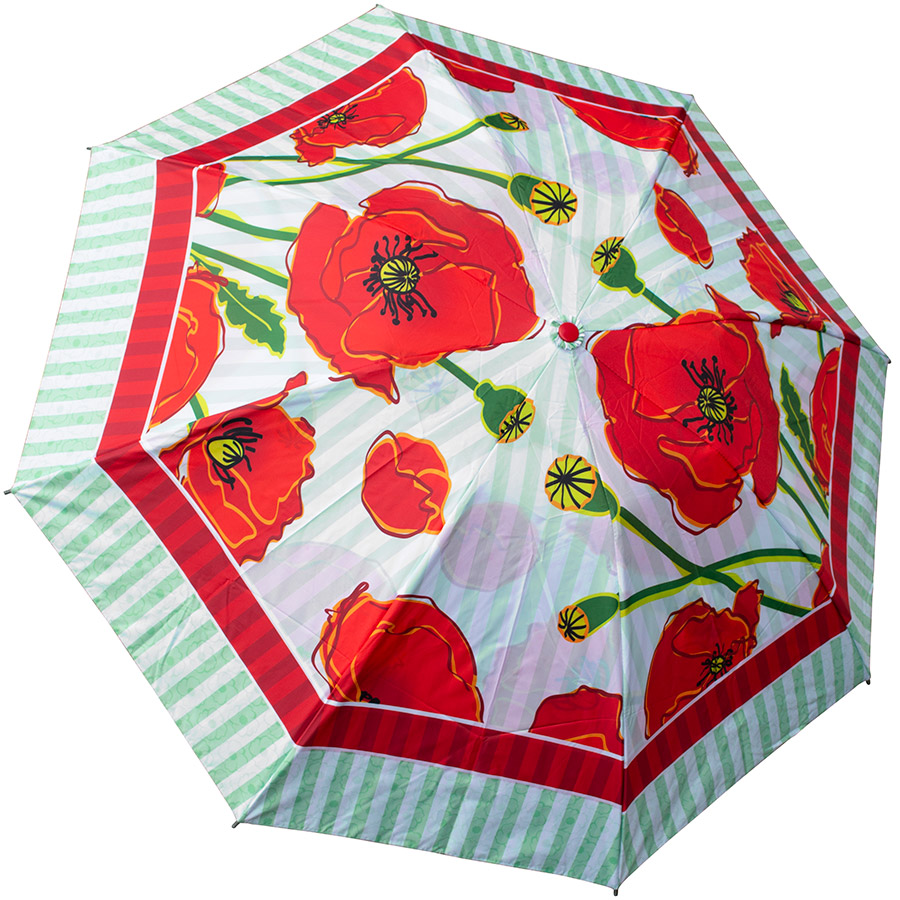 Collapsible umbrella with vibrant poppies. There are also cheerful stripes in red and green.
