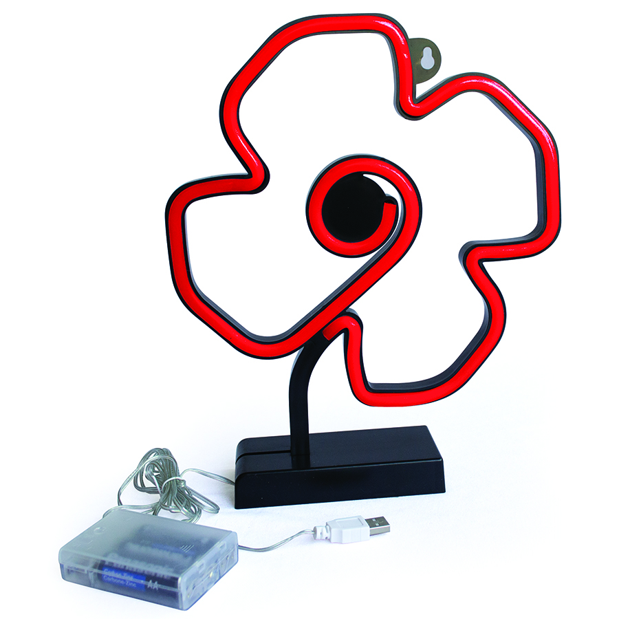 A poppy-shaped LED light that can hang or sit on a removable stand