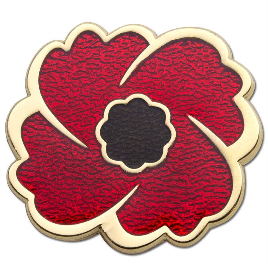 24 kt gold plating frames this poppy pin with red enamel petals and a black enamel centre