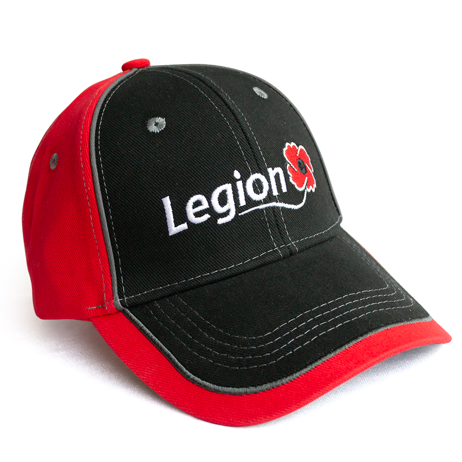 A red and black ball cap with the Legion logo embroidered on the front