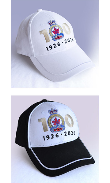 Two ball caps with centenary logo. Top cap is white only. Bottom cap is black and white.