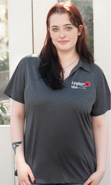 Slate grey polo shirt for women. White centenary logo on left chest