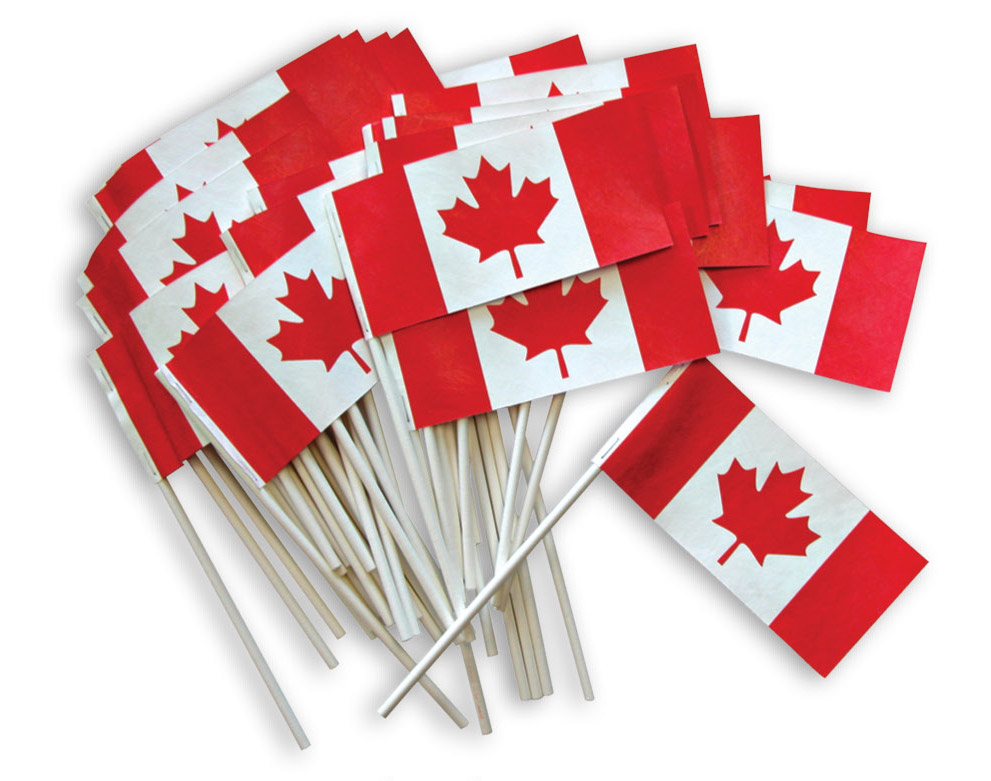 3” x 6” glossy paper Canada flags. Sold in bundles of 50.