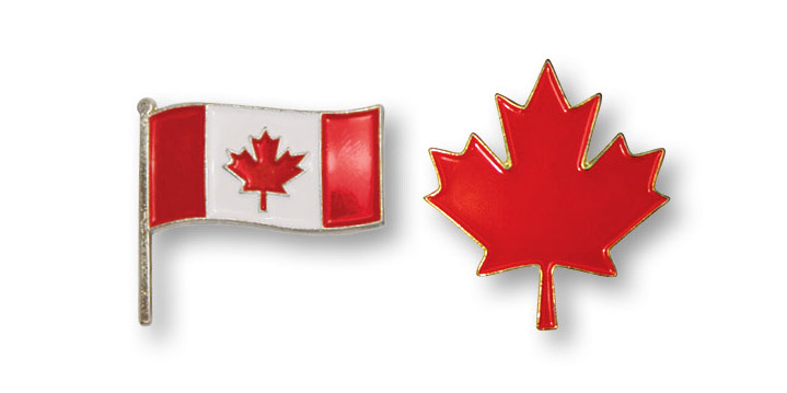 A Canada Flag pin and a Maple Leaf pin. These economical pins are 0.75