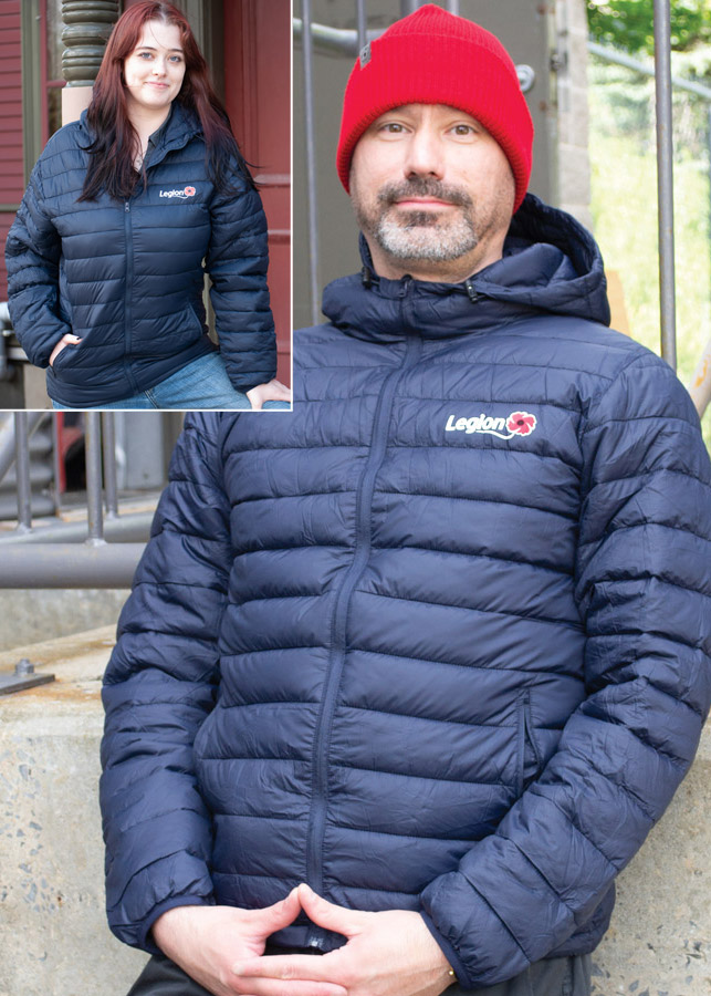A man wears a navy blue, water-resistant puffy jacket. Legion logo on chest. Inset photo of woman wearing the same jacket.