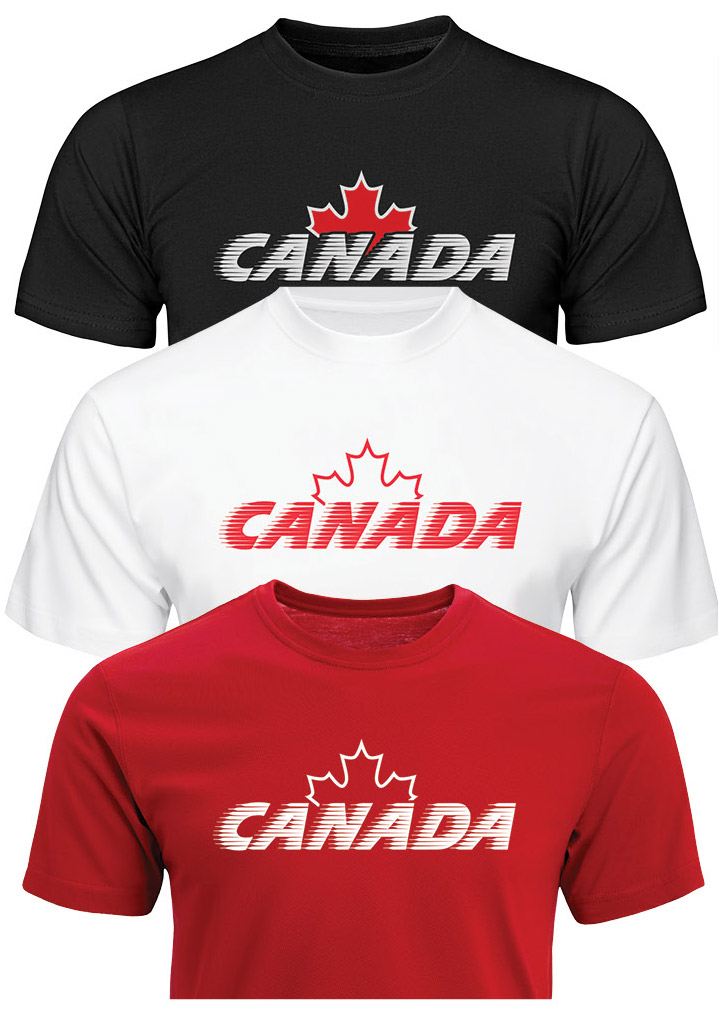 Three t-shirts, one red, one white and one black. All have 'CANADA' with a maple leaf poking out from behind..