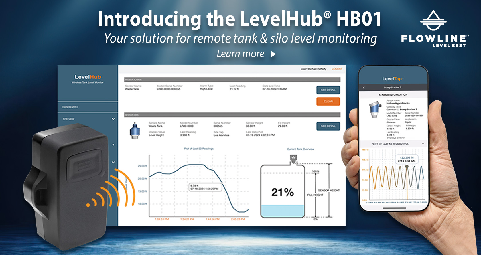 LevelHub® HB01 Wireless Battery Powered Tank and Silo Level Monitor from Flowline
