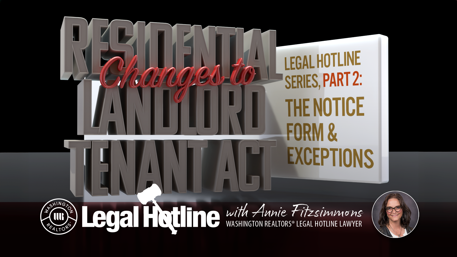 Thumbnail image with text reading Changes to the Residential Landlord tenant act Legal Hotline Series Part One featuring WR Legal Hotline lawyer Annie Fitzsimmons