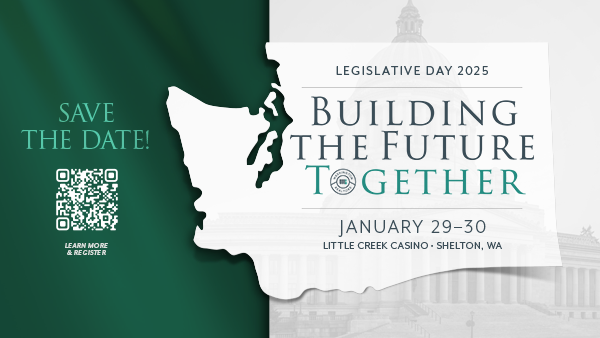 Thumbnail image with outline of Washington State with letters reading Legislative Day 2025 Building the Future Together January 29 and 30th