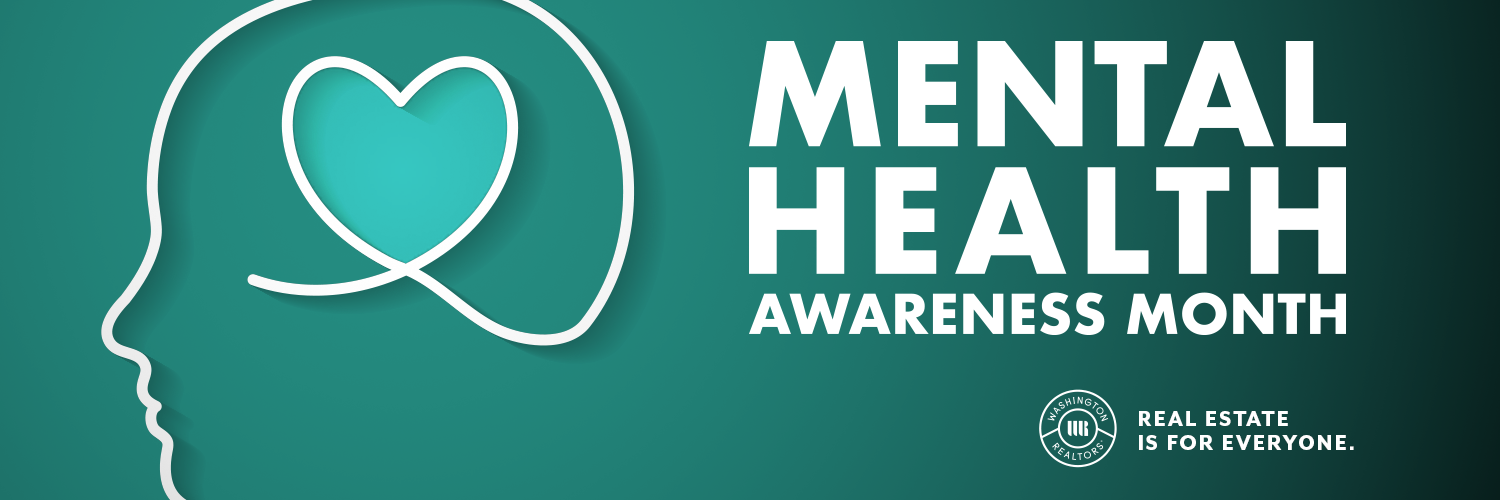 Mental Health Awareness Month in white bold text in front of a teal green background with an outline of a persons head with a string heart in the middle