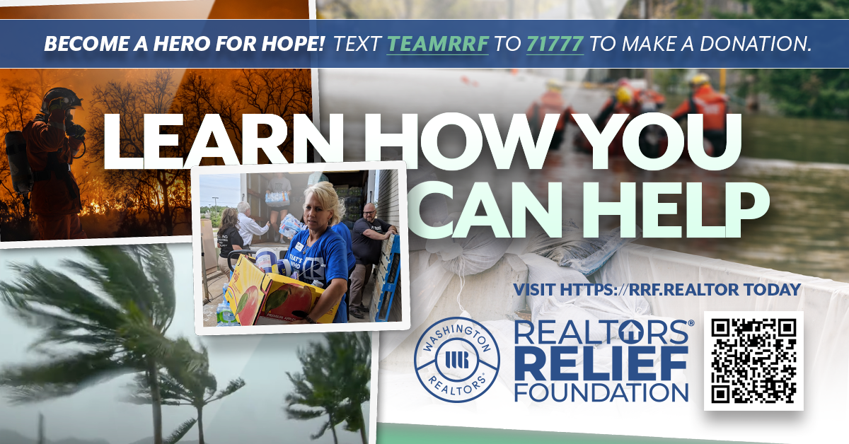 Realtor Relief Foundation Advertisement  With images of natural disasters in the background and white block letters in the foreground reading Learn How You Can Help Text TEAMRRF to 71777 to make a donation 